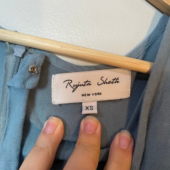Rujuta Sheth Luna Wrap Jumpsuit Linen Blue SZ XS Classic Timeless Pockets Romper - Picture 3 of 9